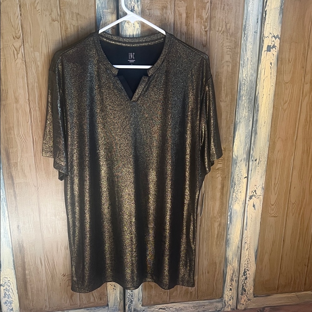 INC International Concepts Metallic Gold Short Sleeve Shirt